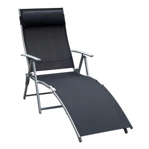 Outsunny Foldable Sun Lounger Recliner Chair, Texteline Patio Garden Chair, 5 Levels, Black