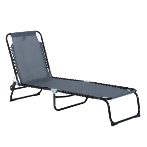 Outsunny Beach Chaise Chair, Folding Sun Lounger, Garden Reclining Cot, Camping Hiking Recliner with 4 Position Adjustable Back, Grey