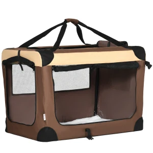 PawHut Foldable Medium Pet Carrier with Cushion, Portable Travel Crate for Dogs and Cats, Brown