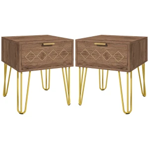 HOMCOM Bedside Table Set of 2 with Drawer, Wooden Nightstand, Modern Sofa Side Table with Gold Tone Metal Legs for Bedroom