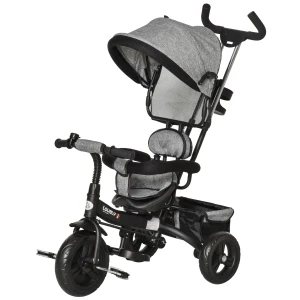 HOMCOM Toddler Bike Push Along Trike, 2-in-1 Cloth Tricycle Stroller w/ Push Handle, Detachable Guardrail & Storage Bag, Grey