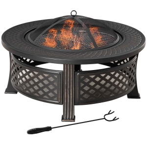 Outsunny Fire Pit with Poker Mesh Cover Fire Basket Fire Table Round Fireplace for Garden Camping BBQ Steel Black 81 x 81 x 50 cm