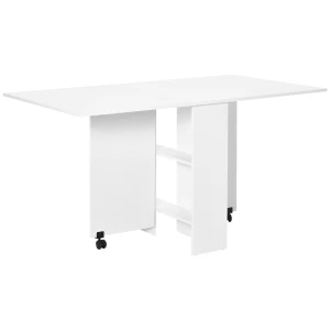 HOMCOM Mobile Drop Leaf Dining Kitchen Table Folding Desk For Small Spaces With 2 Wheels & 2 Storage Shelves White