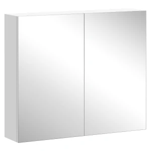 HOMCOM Wall Mounted Bathroom Mirror Cabinet, Double Door Storage Cupboard with Adjustable Shelf, 60H x 70W x 15D cm, White