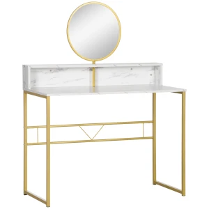HOMCOM Vanity Dressing Table with Round Mirror, Modern Makeup Desk with Open Storage, Faux Marble & Steel Frame for Bedroom, White