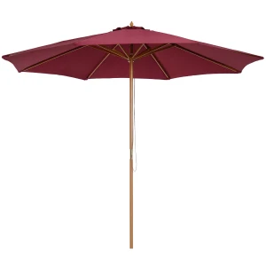 Outsunny âŒ€3m Bamboo Wooden Market Patio Umbrella Garden Parasol Outdoor Sunshade Canopy, 8-ribs,Wine Red