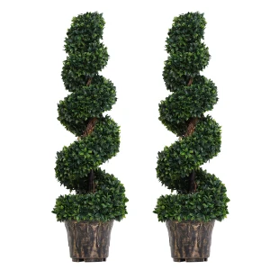 Outsunny Set of 2 Artificial Boxwood Spiral Topiary Trees Potted Decorative Plant Outdoor and Indoor DÃ©cor 120cm