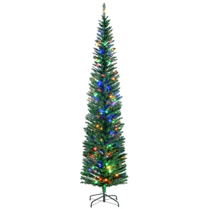 HOMCOM 7.5' Artificial Prelit Christmas Trees Holiday DÃ©cor with Colourful LED Lights, Pencil Shape, Steel Base