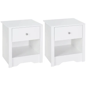HOMCOM Modern Bedside Table Set of 2, Nightstand with Drawer and Shelf, White, Perfect for Bedroom, Living Room