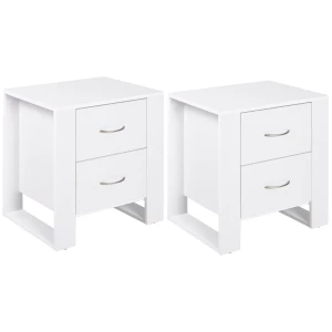 HOMCOM Bedside Cabinet Pair with Dual Drawers, Modern Nightstand with Metallic Handles & Raised Base, Bedroom Side Table, Set of 2, White