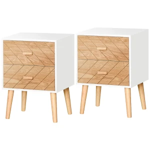 HOMCOM Wooden Bedside Table Set of 2, Bedroom Nightstand with 2 Drawers and Pine Legs, Natural Wood Storage Cabinet