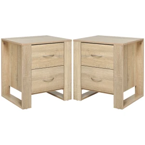 HOMCOM Bedside Table with 2 Drawers, Nightstand with Handles and Elevated Base, Side Table for Bedroom, Living Room, Set of 2, Brown