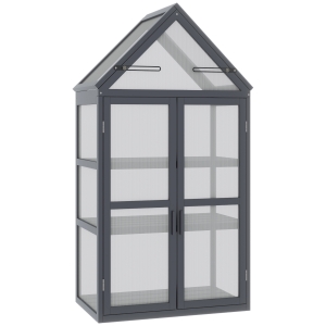 Outsunny Cold Frame Mini Greenhouse 3 Levels Greenhouse Plant Bed with Opening Roof Double Doors Made of Wood Polycarbonate Weatherproof Gray 70.5 x 42 x 132 cm