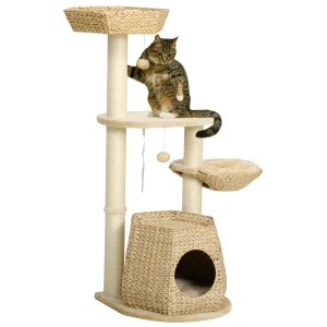 PawHut Cat Tree Tower, Climbing Activity Centre for Kittens with Cattail, Bed, House, Sisal Scratching Post, Hanging Ball, in Natural Tones