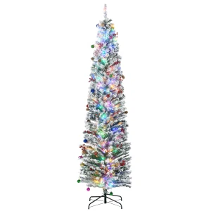 HOMCOM 7.5' Artificial Prelit Christmas Trees Holiday DÃ©cor with Warm White LED Lights, Flocked Tips, Berry, Pine Cone