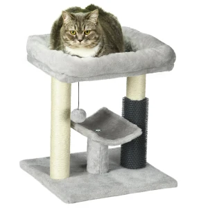 PawHut Cat Tower, 48cm Tree with Self Groomer, Scratching Post & Hanging Ball, Perches, Grey