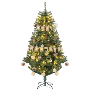 HOMCOM 6' Artificial Prelit Christmas Trees Holiday DÃ©cor with Warm White LED Lights, Decoration, Banner, Tag, Ball