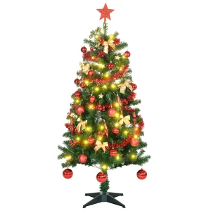 HOMCOM 5' Artificial Prelit Christmas Trees Holiday DÃ©cor with Warm White LED Lights, Auto Open, Tinsel, Ball, Star