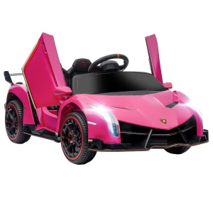 HOMCOM Lamborghini Veneno Licensed 12V Kids Electric Ride on Car w/ Butterfly Doors, Portable Battery, Powered Electric Car w/ Bluetooth, Pink