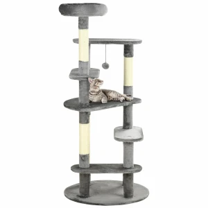 PawHut Modern Cat Tree for Indoor Cats, 136cm Tower with Scratching Posts, Bed, Toy Ball, Grey 