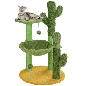 PawHut Cactus Cat Tree, 82cm Chenille with Scratching Post & Hammock, Playful Green