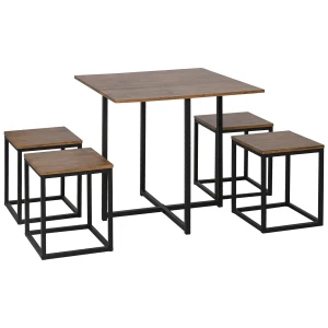 HOMCOM 5 PCS Industrial Table & Stool Set w/ Metal Frame Home Dining Stylish Square Compact Seating Chair Beautiful Cool Black Brown