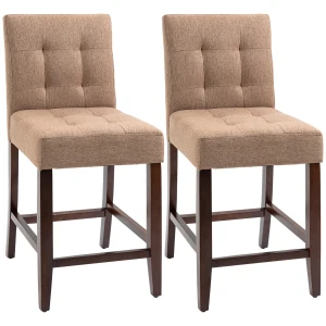 HOMCOM Modern Fabric Bar Stools Set of 2, Thick Padding Kitchen Stool, Bar Chairs with Tufted Back Wood Legs, Brown