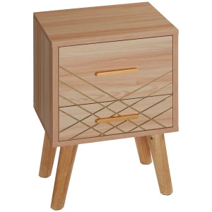 HOMCOM Scandinavian Bedside Cabinet with Drawers, Bedside Table with Wood Legs for Bedroom, Natural