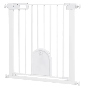 PawHut 75-82cm Pet Safety Gate with Double Locking, Pressure Fit Stair with Cat Flat for Doorways, Hallways, White