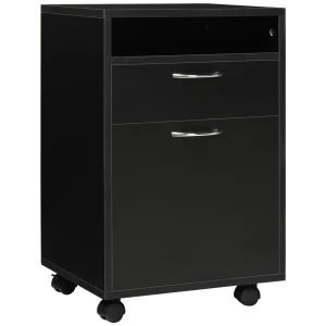 HOMCOM Mobile Storage Cabinet with Drawer, Open Shelf, Metal Handles, 4 Wheels, Office Home Organiser, Black