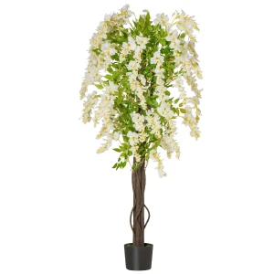 HOMCOM Artificial Realistic White Wisteria Tree Faux Decorative Plant in Nursery Pot for Indoor Outdoor DÃ©cor, 160cm