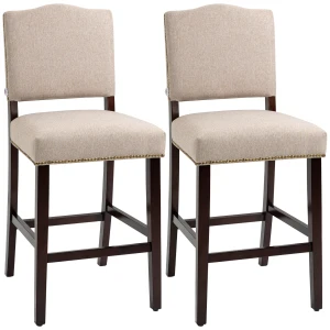 HOMCOM Modern Fabric Bar Stools Set of 2, Thick Padding Kitchen Stool, Bar Chairs with Back, Nailhead Trim, Wood Legs, Beige