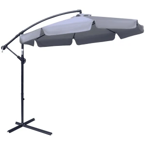 Outsunny 2.7m Cantilever Umbrella, Banana Hanging Parasol with Crank Handle, Cross Base, Outdoor Sun Shade, Dark Grey