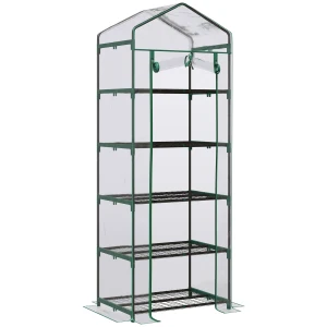 Outsunny 5 Tier Portable Greenhouse, Outdoor Flower Stand with PVC Cover, Metal Frame, Transparent, 69 x 49 x 193 cm