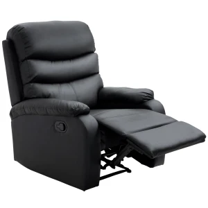 HOMCOM PU Leather Reclining Chair, Manual Recliner Chair with Padded Armrests, Retractable Footrest and Wood Frame, Black