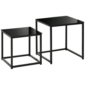 HOMCOM Nest of Tables, Square Coffee Tables Set of 2 with Tempered Glass Top and Steel Frame for Living Room, Bedroom, Black