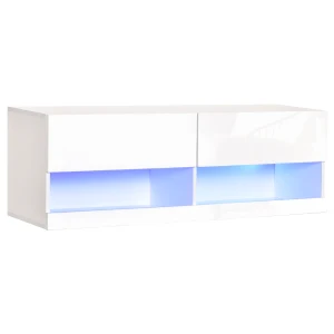HOMCOM Wall Mount TV Stand with 20 Colors LED Lights, Remote Control, High Gloss Entertainment Center Media Console with Storage Compartments