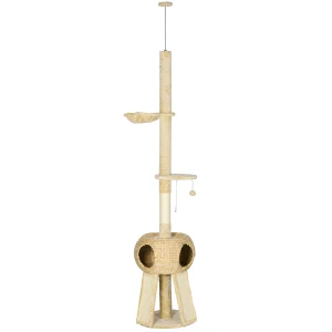 PawHut Cat Tree Tower, 255cm Tall for Indoor Cats, with Scratching Post, Cat House, Platform, Beige
