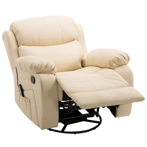 HOMCOM PU Leather Reclining Chair with 8 Massage Points and Heat, Manual Recliner with Swivel Base, Footrest and Remote, Beige