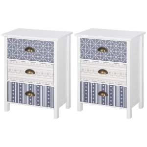 HOMCOM Bedside Table Set of 2 Chest of 3 Drawers Shabby Chic Nightstands with Metal Handle Sofa Side Table for Living Room, Bedroom,Purple