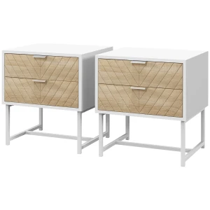 HOMCOM Modern Bedside Table Set of 2, with 2 Drawers and Metal Frame, Sofa Side Table, White and Oak