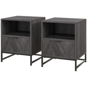 HOMCOM Bedside Table Set of 2 with Drawer and Shelf, Steel Legs, for Living Room, Bedroom, Dark Grey