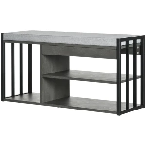 HOMCOM Shoe Storage Bench, Upholstered Entryway Bench with 3 Open Shelves, Grey, Ideal for Hallway