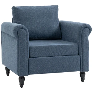 HOMCOM Vintage Accent Chair, Tufted Upholstered Lounge Armchair Single Sofa Chair with Rubber Wood Legs, Rolled Arms, Dark Blue