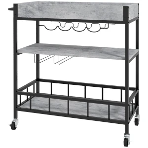 HOMCOM 3-Tier Kitchen Cart, Kitchen Island with Storage Shelves, Removable Tray, Wine Racks, Glass Holders, Faux Marbled Grey
