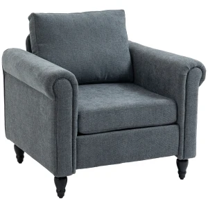 HOMCOM Vintage Accent Chair, Upholstered Occasional Chair with Back Pillow, Rolled Arms, Gourd-Shaped Rubber Wood Legs, Grey