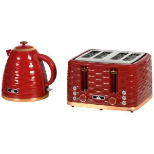 HOMCOM 3000W 1.7L Rapid Boil Kettle & 4 Slice Toaster, Kettle and Toaster Set with 7 Browning Controls and Crumb Tray, Red