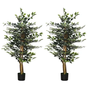 HOMCOM Set of 2 Artificial Ficus Trees, 130cm Tall with Realistic Leaves & Natural Trunks, Indoor/Outdoor Decor, Green