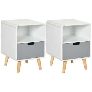 HOMCOM Bedside Table Set of 2, Wooden End Nightstand with Drawer, Scandinavian Nordic Style Lamp Desk Storage Unit for Bedroom, Wood