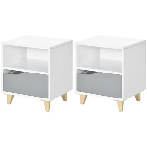 HOMCOM Bedside Table Set of 2, Modern Design, with Shelf and Drawer, Wood Legs, White and Grey